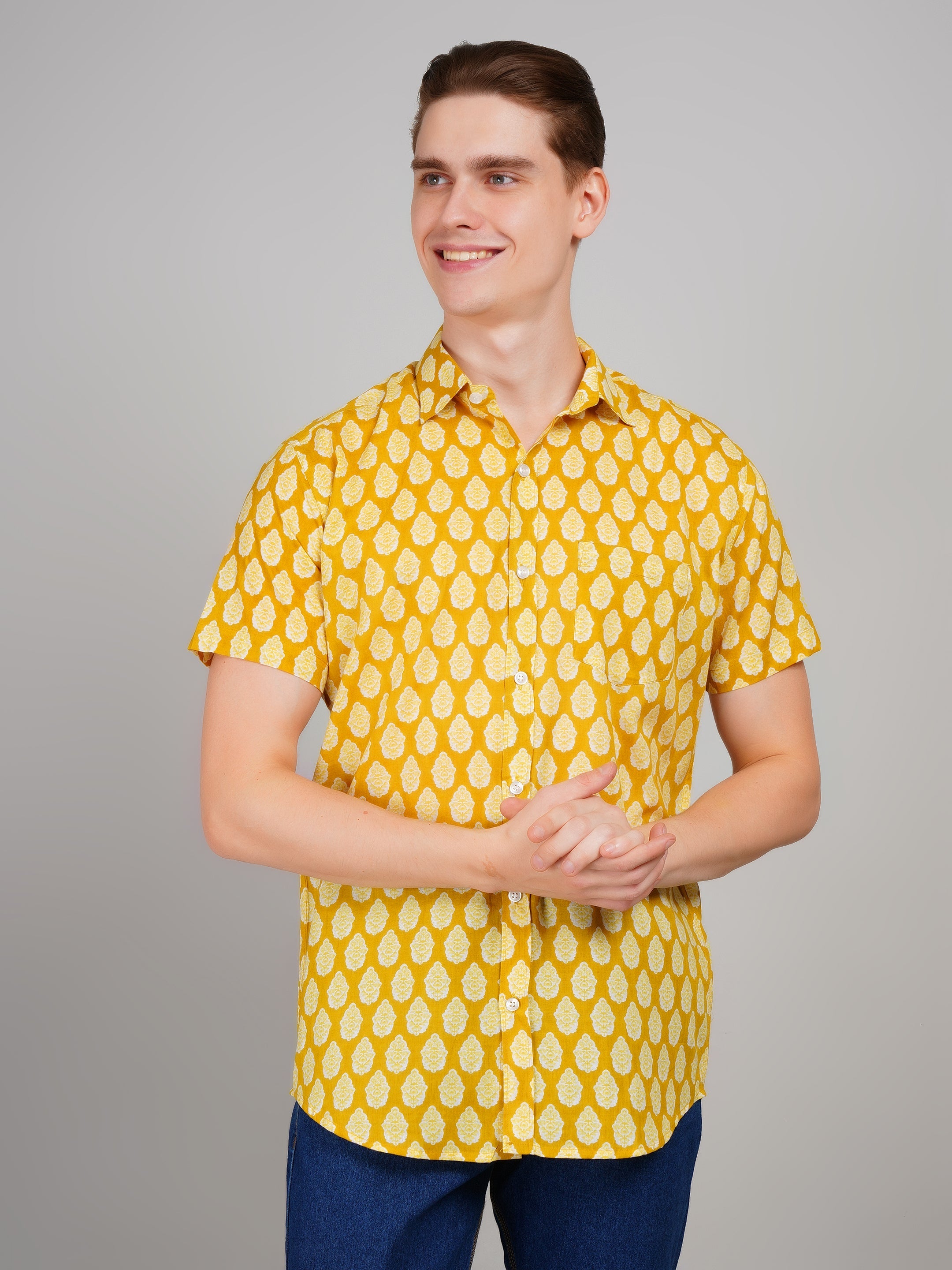 Louis Monarch Premium Jaipuri Printed Cotton Yellow Half Sleeve Casual Shirt